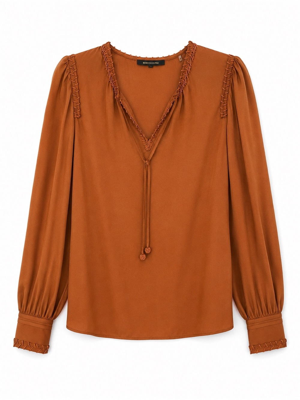 Kobi Halperin Rust-Tone Long-Sleeve V-Neck Blouse with Tassel Tie